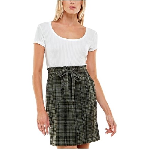 No-Comment-Womens-Green-Ribbed-Tie-Short-Sleeve-Dress